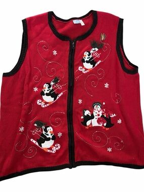 Women’s Red Holiday Editions Knit Zip Up Sweater Vest 3XL Grannycore Penguin
